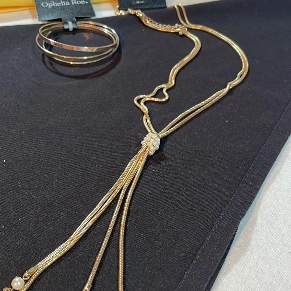Bundle of 2 Gold Pearl Necklace & 3 Bangle Bracelets Ophelia Roe NWT